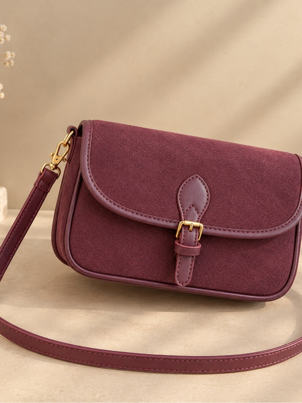 Classic Burgundy Crossbody Bag with Gold Buckle